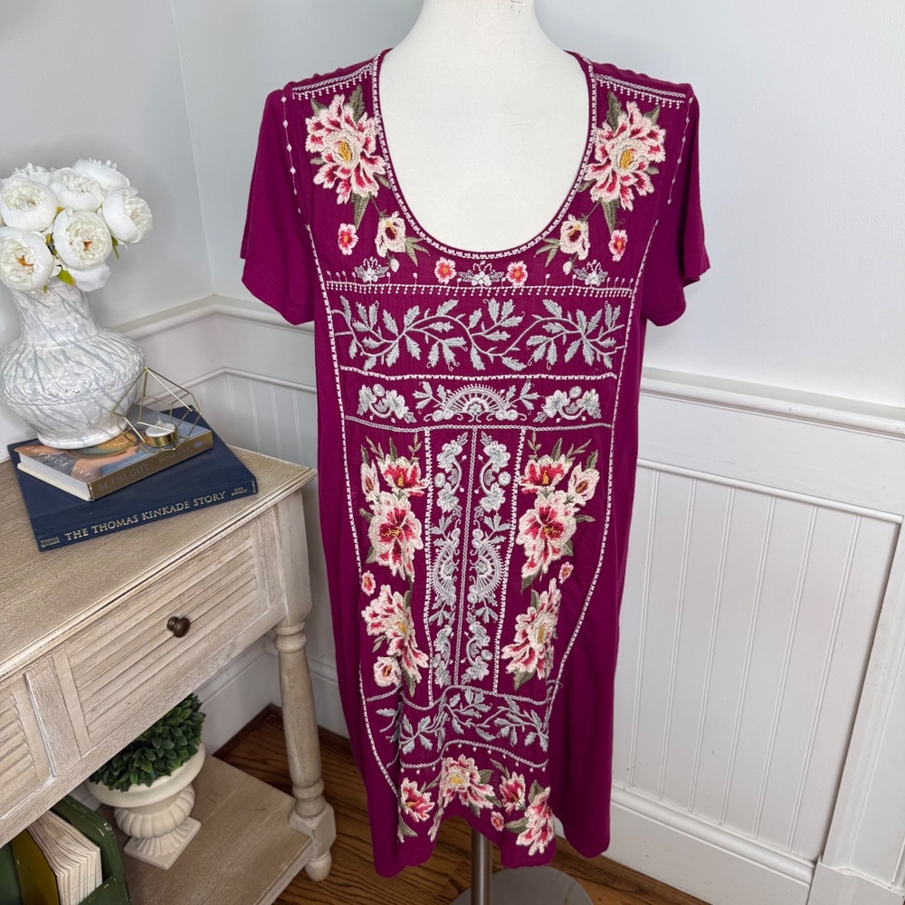 Johnny Was Los Angeles Embroidered Floral Cotton Tunic Dress Magenta M Boho